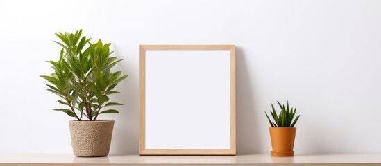A wooden rectangle picture frame is placed on a shelf next to two houseplants in flowerpots. The terrestrial plants add a touch of nature to the decor