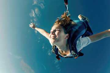 Close-up of a lovely young woman gracefully freefalling before deploying her parachute - obrazy, fototapety, plakaty
