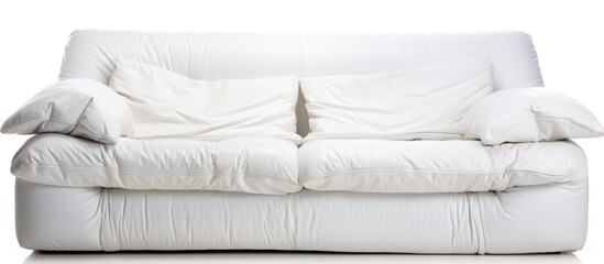 A rectangular white leather couch with two pillows, placed on a hardwood floor against a white background. The comfort of the couch is highlighted by the minimalist setting