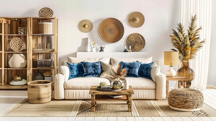 Cozy Living Room with Modern Sofa, Wooden Table, and Bright Decor, Comfortable and Stylish Interior Design