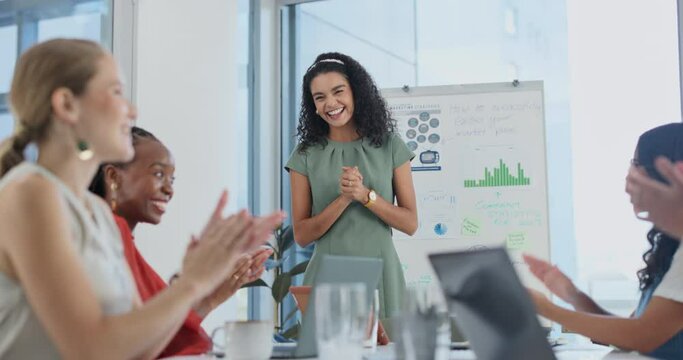 Clapping hands, presentation and business people in office for creative teamwork training. Applause, career and group of colleagues cheering for professional female presenter in workplace boardroom.