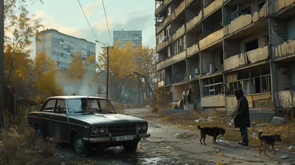 Fototapeten Post-Apocalyptic Scene with Vintage Car and Stray Dogs © Vl
