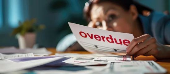 Fotobehang A worried person looks at a small pile of growing invoices, reading "overdue" in bold red letters, copy space © Hamish