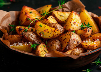 Potato wedges in a bowl baked with salt and herbs