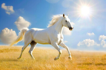 Obraz na płótnie Canvas A majestic white horse galloping across a golden field, its mane and tail flowing in the wind