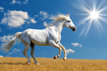Naklejka na ściany i meble A majestic white horse galloping across a golden field, its mane and tail flowing in the wind