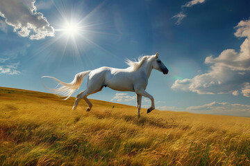 A majestic white horse galloping across a golden field, its mane and tail flowing in the wind