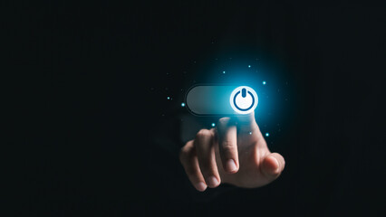 businessman pressing power button. Start or shut down concept..