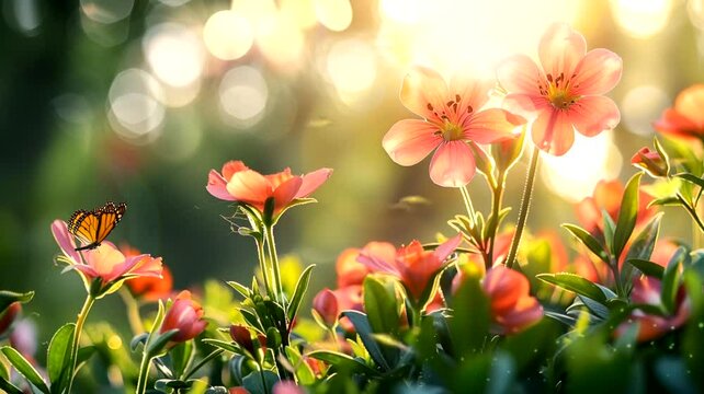 Scene of various kinds of flowers in the garden with a blurry background, animated virtual repeating seamless 4k	
