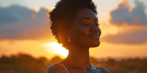 Embracing the carefree spirit of a Black woman in the gentle glow of a sunset. Concept Black Woman, Carefree Spirit, Sunset Glow, Embrace, Gentle