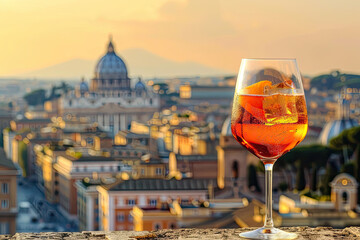 A classic spritz cocktail with the city of Rome in the background - obrazy, fototapety, plakaty