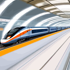 Vector illustration of train rail subway railway railroad moving in tunnel. Isolated front view.
