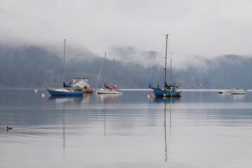 Fototapeta na wymiar Boats in front of the shore of Cowichan Bay during a winter season on Vancouver Island in British Columbia, Canada