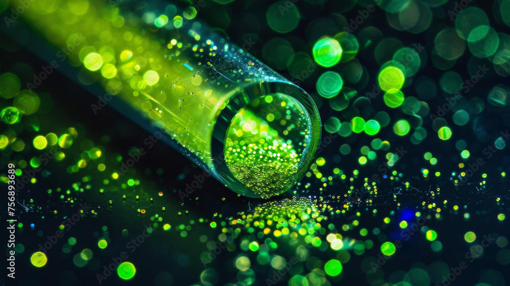 Poster a macro shot of a vial filled with tiny green particles each one emitting a faint glow illustrating 
