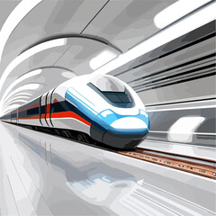 Vector illustration of train rail subway railway railroad moving in tunnel. Isolated front view.