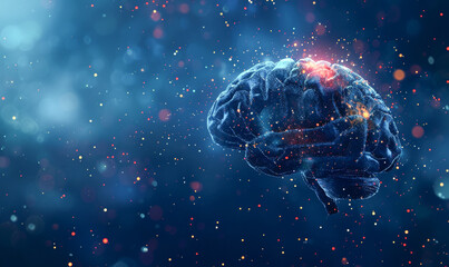 A brain with a red spot on it is surrounded by a blue background