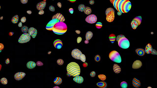 Colored Easter eggs fall down on black background seamless looped 3D render. Various eggs pattern for happy Easter. Day of the Crucifixion