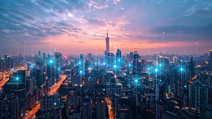 Poster Elevated view of a bustling smart city powered by 5G technology © Dadee