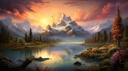 Natures tranquility under a scenic mountain sunrise