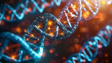 A glowing double helix DNA strand with sparkling connections, set against a dark background, representing genetics, biotechnology, and the complex blueprint of life. - obrazy, fototapety, plakaty