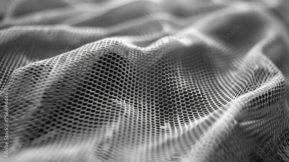 Poster a macro shot of a thin lightweight material with a rippled surface. the material is folded and rolle