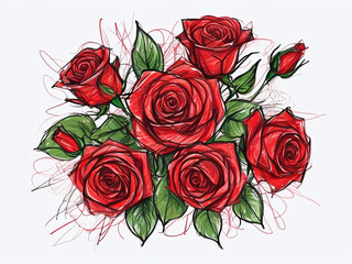 wunderschöne künstlerische Zeichnung eines Blumenstraußes aus roten Rosen.