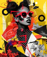 fashion collage with woman in sunglasses, fashion illustration in the style of graphic design, retro colors, flowers and geometric patterns, maximalist