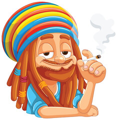 Cartoon Rastafarian with joint, relaxed and smiling.