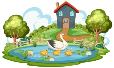 Fototapete Mother duck with ducklings swimming in a pond © GraphicsRF