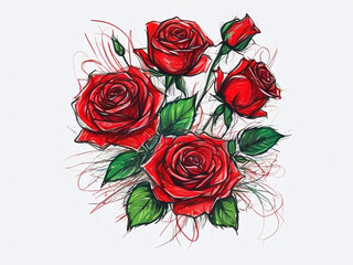 wunderschöne künstlerische Zeichnung eines Blumenstraußes aus roten Rosen.