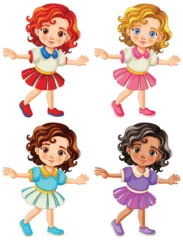 Fototapete Four cartoon girls with different hairstyles dancing. © GraphicsRF