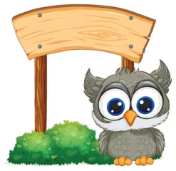 Gordijnen Adorable cartoon owl sitting beneath a blank sign. © GraphicsRF