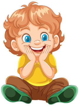 Cheerful cartoon boy sitting with a joyful expression