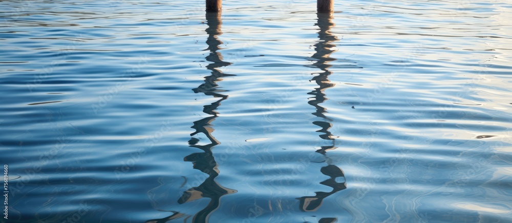 Poster two poles are mirrored in the tranquil azure waters, creating a beautiful reflection of natures elec