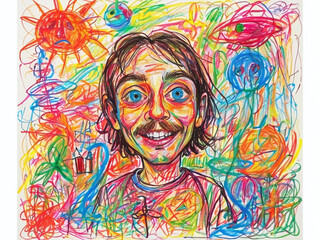Chaotic drawing of a man having a trip in Crayon Style