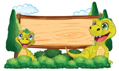 Deurstickers Two cartoon dinosaurs beside an empty wooden sign. © GraphicsRF