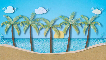 Fototapeta na wymiar Sea beach with coconut trees, sun and sand, paper cut art.