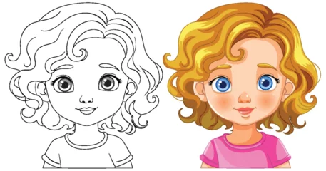 Fototapete Rund Black and white and colored vector illustrations of a girl © GraphicsRF