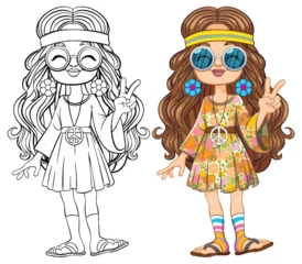 Deurstickers Colorful and outlined hippie girl with peace symbols. © GraphicsRF
