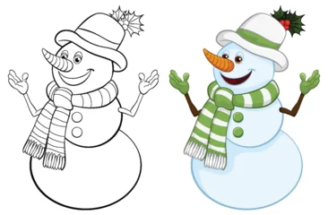 Deurstickers Two smiling snowmen with festive winter accessories. © GraphicsRF