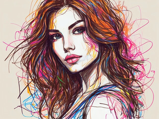 Chaotic Portrait of a Brunette in Crayon Style