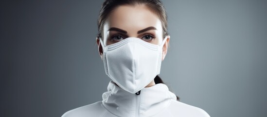 A woman wearing a white face mask, jacket, and sports gear at the event. Her eyes and eyebrows are...
