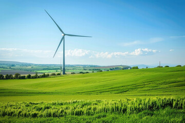 A picturesque scene of a wind turbine standing tall in a verdant field