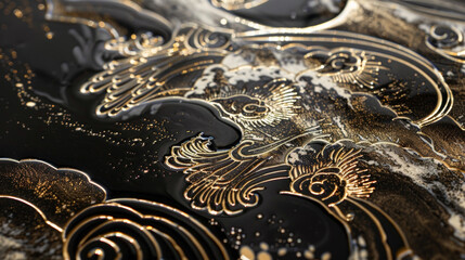 A closeup of the etching reveals delicate lines and shapes creating a beautiful and detailed design.