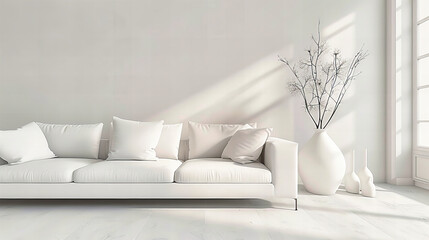 Bright and Airy Living Room with White Sofa, Elegant Minimalist Design, and Modern Scandinavian Decor.