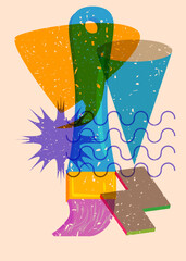 Risograph Paintbrush with speech bubble with geometric shapes. Objects in trendy riso graph print texture style design with geometry elements.