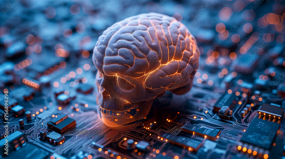 Poster an illuminated brain model on a circuit board, representing concepts of artificial intelligence