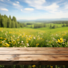 Wooden table top with blurred spring meadow landscape background