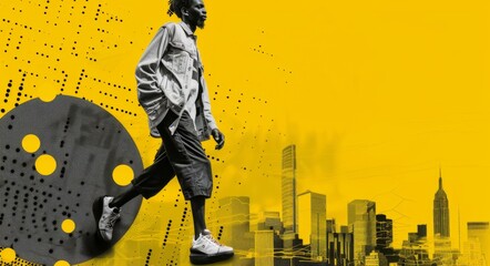 Black man walking on the street, yellow background with an urban cityscape and black dots collage