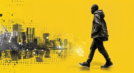 Obraz premium Black man walking on the street, yellow background with an urban cityscape and black dots collage